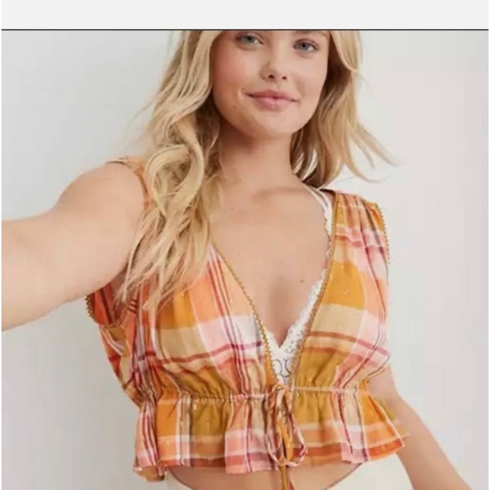 NWOT Aerie Tie Front Peplum Flounce crop Tank Top SZ M pit2pit 14”unstre…